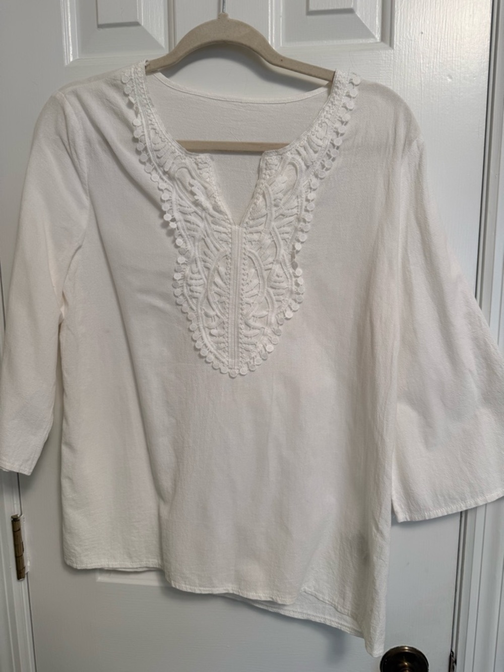 Beautiful White Linen Embroidered V-Neck Top.